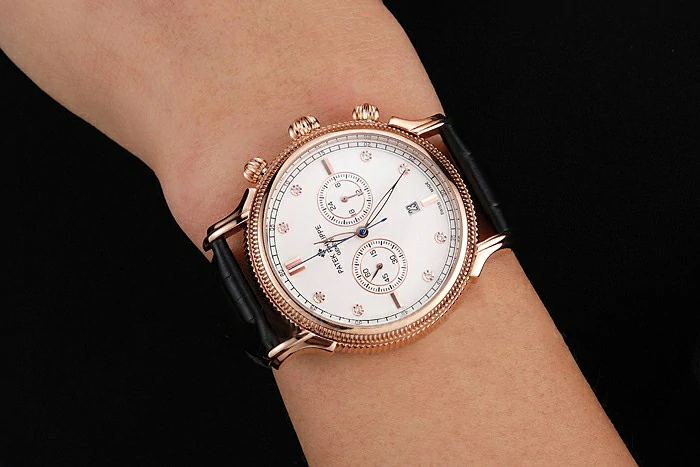 Patek Philippe Chronograph White Dial With Diamonds Rose Gold Case Black Leather Strap new122962