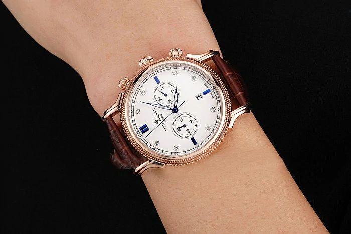 Patek Philippe Chronograph White Dial With Blue And Diamond Markings Rose Gold Case Brown Leather Strap new122963