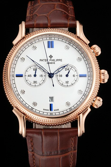 Patek Philippe Chronograph White Dial With Blue And Diamond Markings Rose Gold Case Brown Leather Strap new122963