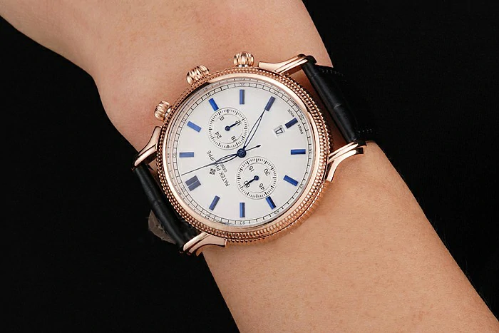 Patek Philippe Chronograph White Dial Blue Markings Rose Gold Case Black Leather Strap new122964