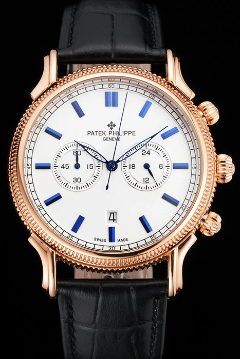 Patek Philippe Chronograph White Dial Blue Markings Rose Gold Case Black Leather Strap new122964