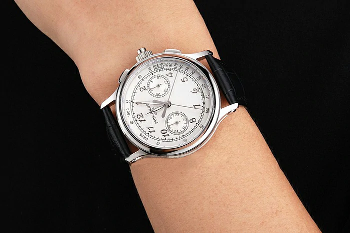 Patek Philippe Split Seconds White Dial Silver Numerals Stainless Steel Case Black Leather Strap new122985