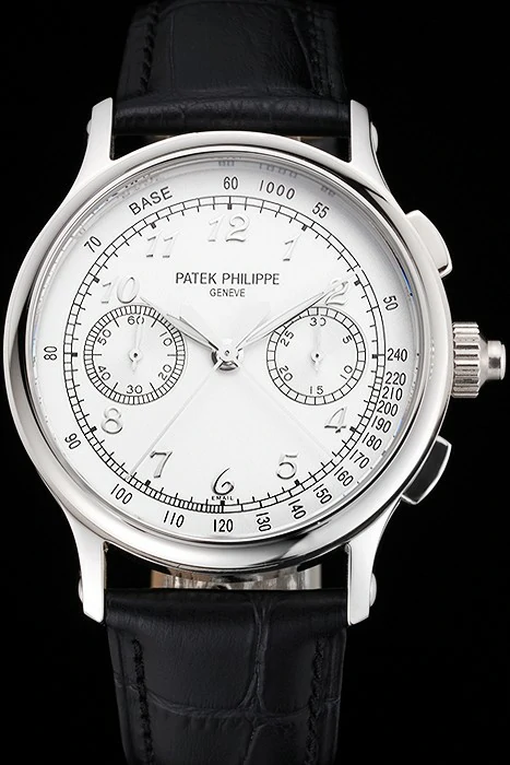 Patek Philippe Split Seconds White Dial Silver Numerals Stainless Steel Case Black Leather Strap new122985