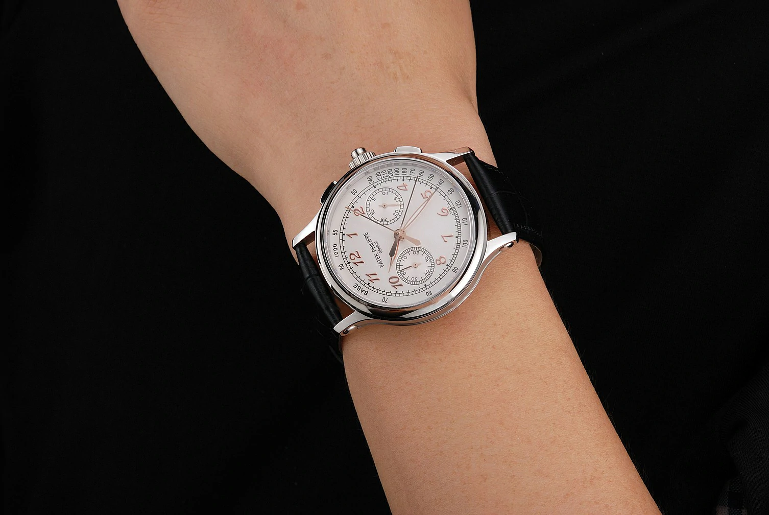 Patek Philippe Split Seconds White Dial Rose Gold Hands Stainless Steel Case Black Leather Strap new122988