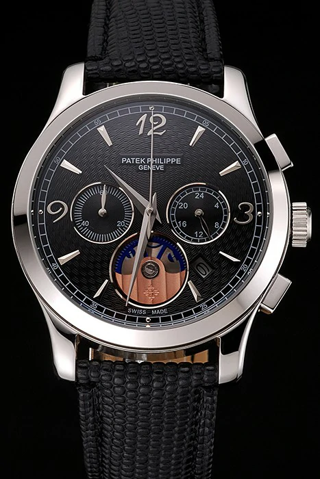 Patek Philippe Chronograph Black Guilloche Dial Stainless Steel Case Black Leather Strap new123379