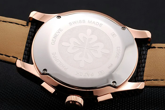 Patek Philippe Chronograph Black Dial Rose Gold Case Black Leather Strap new123380