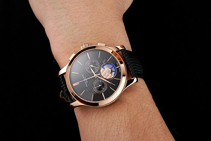 Patek Philippe Chronograph Black Dial Rose Gold Case Black Leather Strap new123380