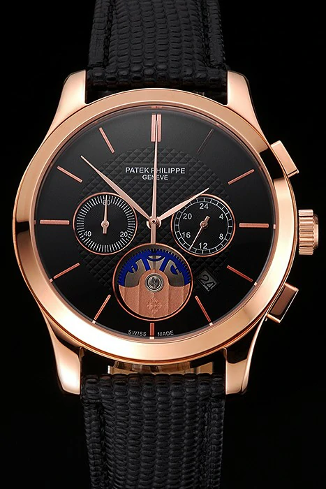Patek Philippe Chronograph Black Dial Rose Gold Case Black Leather Strap new123380