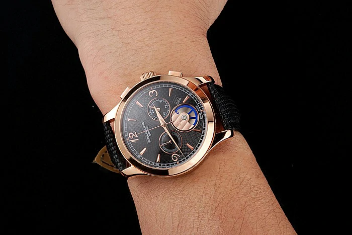 Patek Philippe Chronograph Black Guilloche Dial Rose Gold Case Black Leather Strap new123381