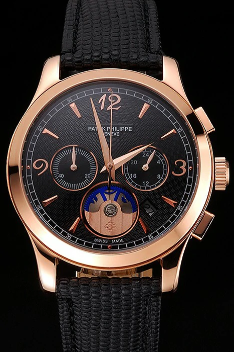 Patek Philippe Chronograph Black Guilloche Dial Rose Gold Case Black Leather Strap new123381
