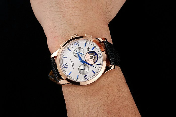 Patek Philippe Chronograph White Guilloche Dial Rose Gold Case Black Leather Strap new123382