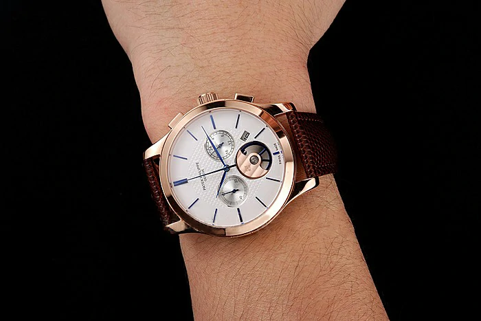 Patek Philippe Chronograph White Dial Rose Gold Case Brown Leather Strap new123383