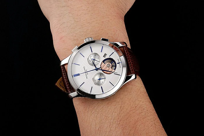 Patek Philippe Chronograph White Dial Blue Hands Stainless Steel Case Brown Leather Strap new123384