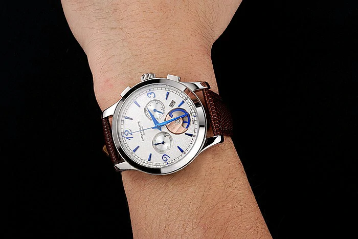 Patek Philippe Chronograph White Guilloche Dial Blue Hands Stainless Steel Case Brown Leather Strap new123386