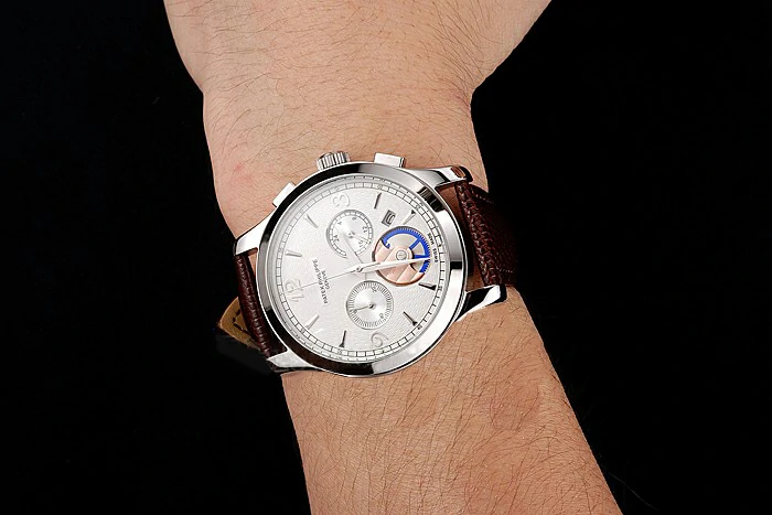 Patek Philippe Chronograph White Guilloche Dial Stainless Steel Case Brown Leather Strap new123387