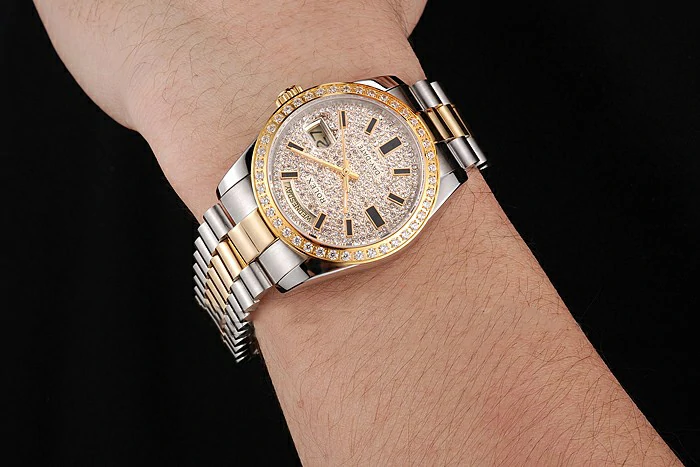 Rolex Day Date Diamond Pave Dial And Bezel Stainless Steel Case Two Tone Bracelet new123402