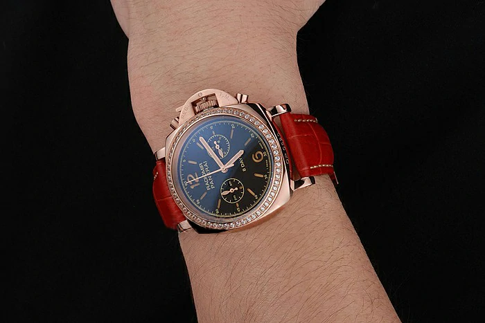 Panerai Radiomir 8 Days Chronograph Black Dial Diamond Bezel Rose Gold Case Red Leather Strap new123902