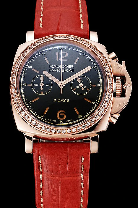 Panerai Radiomir 8 Days Chronograph Black Dial Diamond Bezel Rose Gold Case Red Leather Strap new123902