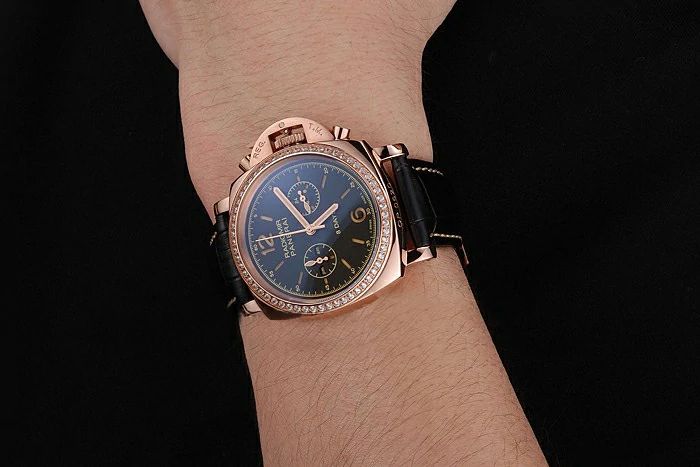 Panerai Radiomir 8 Days Chronograph Black Dial Diamond Bezel Rose Gold Case Black Leather Strap new123903