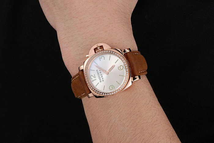 Panerai Radiomir White Dial Diamond Bezel Rose Gold Case Brown Suede Leather Strap new123904
