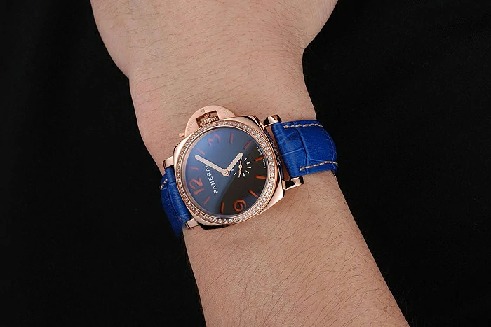 Panerai Radiomir Black Dial Diamond Bezel Rose Gold Case Blue Leather Strap new123905