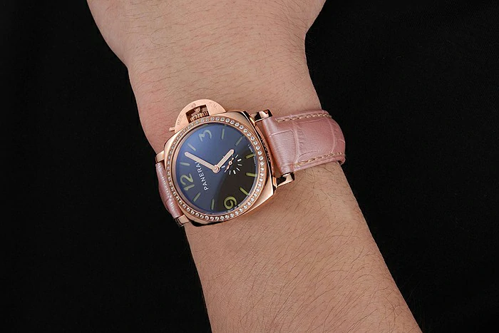 Panerai Radiomir Black Dial Diamond Bezel Rose Gold Case Pink Leather Strap new123906