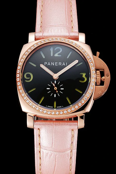 Panerai Radiomir Black Dial Diamond Bezel Rose Gold Case Pink Leather Strap new123906