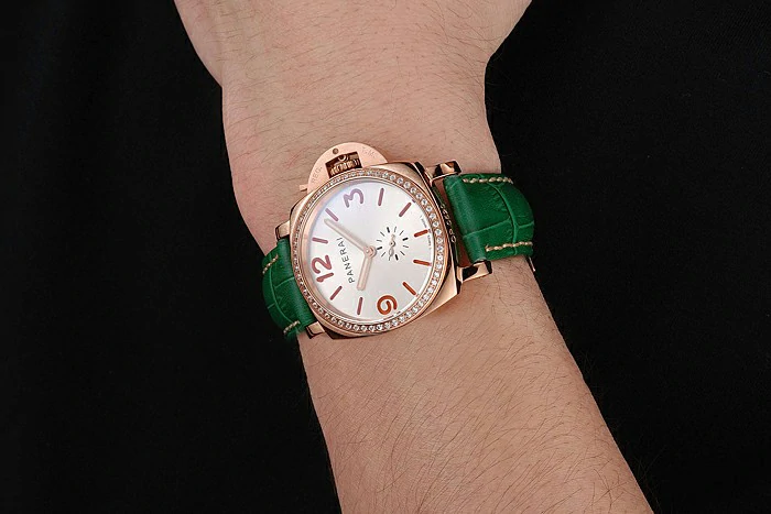 Panerai Radiomir White Dial Diamond Bezel Rose Gold Case Green Leather Strap new123908