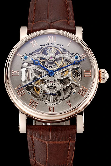 Patek Philippe Grand Complications Gray Skeleton Dial Rose Gold Case Brown Leather Strap new123912