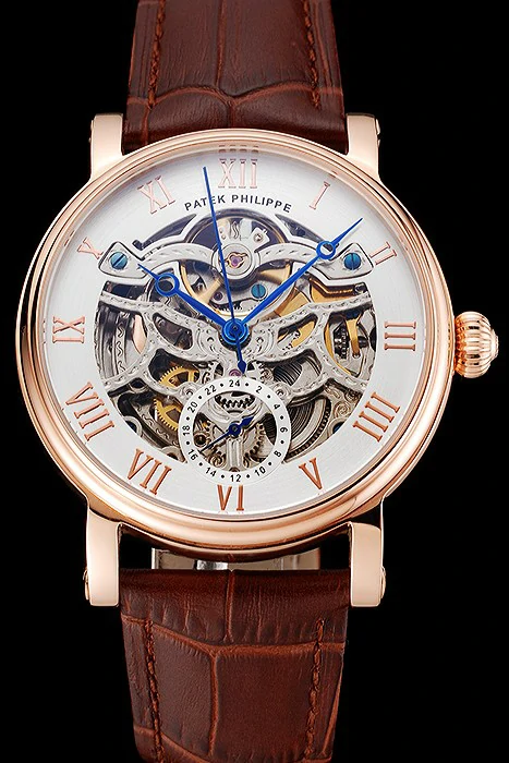 Patek Philippe Grand Complications White Skeleton Dial Rose Gold Case Brown Leather Strap new123913