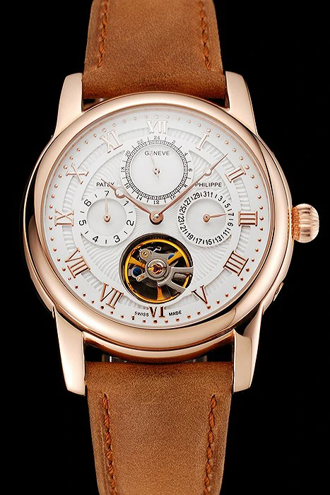 Patek Philippe Grand Complications Day Date Tourbillon White Dial Rose Gold Case Brown Suede Leather Strap new123918