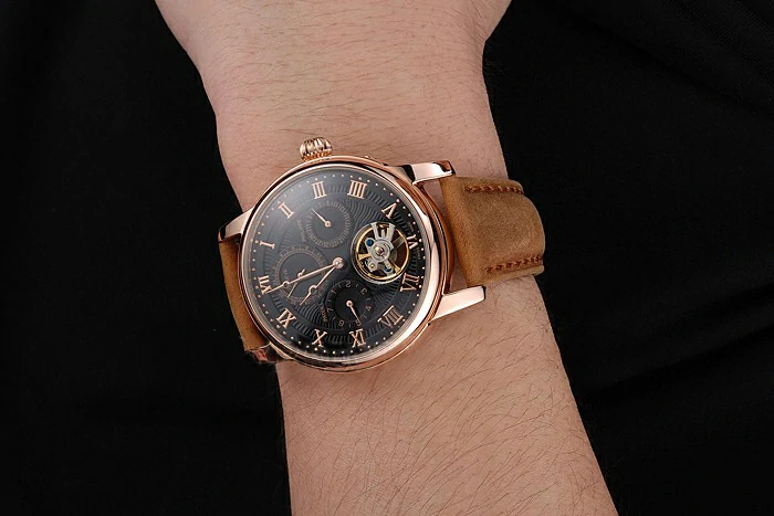 Patek Philippe Grand Complications Day Date Tourbillon Black Dial Rose Gold Case Brown Suede Leather Strap new123919