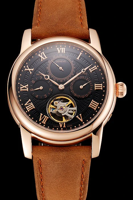 Patek Philippe Grand Complications Day Date Tourbillon Black Dial Rose Gold Case Brown Suede Leather Strap new123919