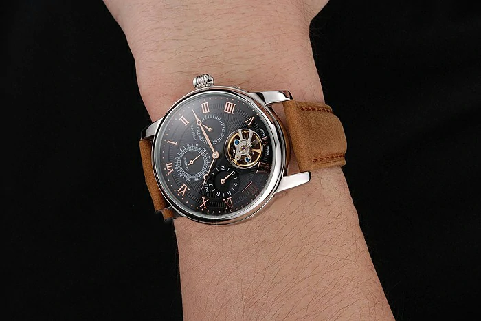 Patek Philippe Grand Complications Day Date Tourbillon Black Dial Rose Gold Numerals Stainless Steel Case Brown Suede Leather Strap new123920
