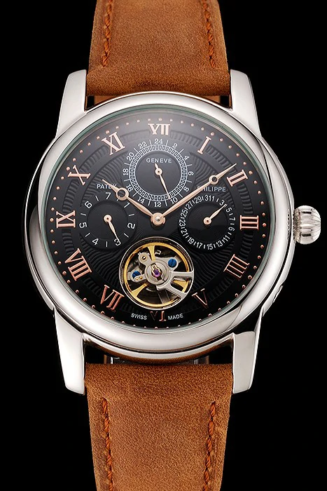 Patek Philippe Grand Complications Day Date Tourbillon Black Dial Rose Gold Numerals Stainless Steel Case Brown Suede Leather Strap new123920
