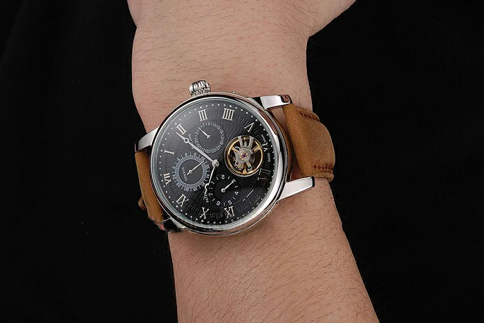 Patek Philippe Grand Complications Day Date Tourbillon Black Dial Numerals Stainless Steel Case Brown Suede Leather Strap new123921