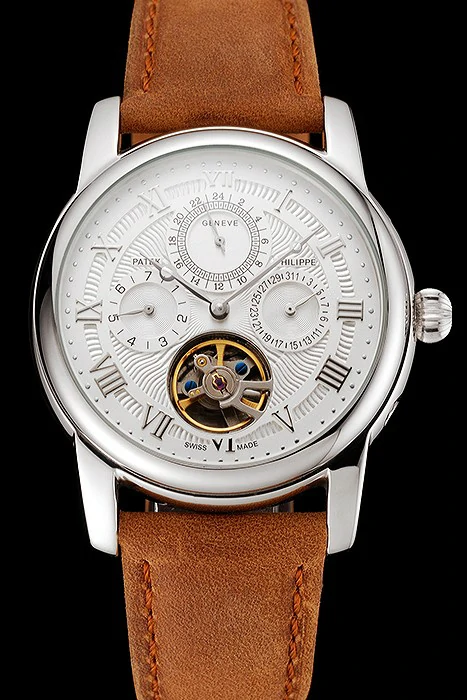 Patek Philippe Grand Complications Day Date Tourbillon Whie Dial Stainless Steel Case Brown Suede Leather Strap new123922