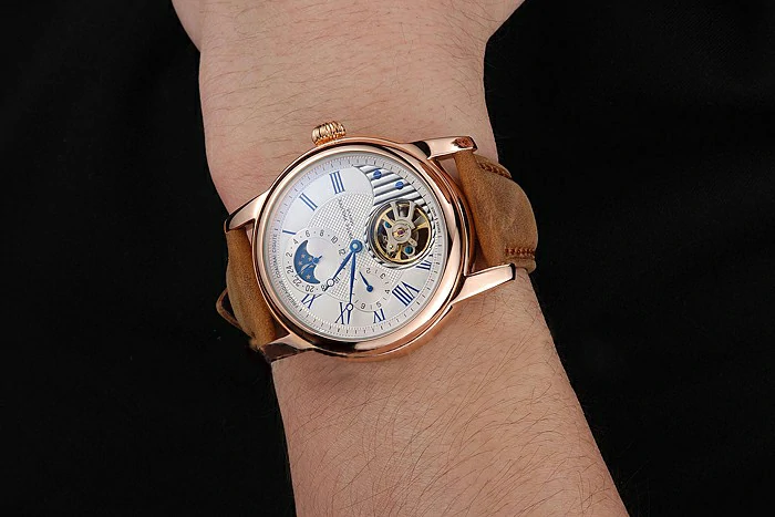 Patek Philippe Grand Complications GMT Moonphase Tourbillon White Dial Blue Numerals Rose Gold Case Brown Suede Leather Strap new123925