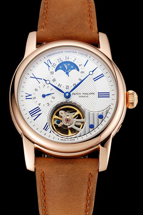 Patek Philippe Grand Complications GMT Moonphase Tourbillon White Dial Blue Numerals Rose Gold Case Brown Suede Leather Strap new123925