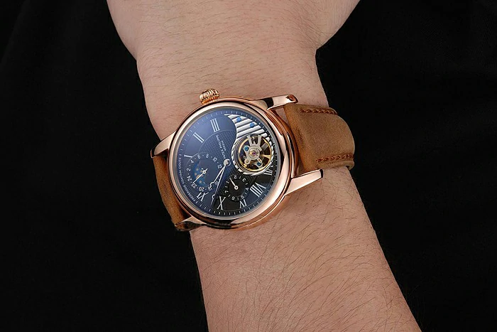 Patek Philippe Grand Complications GMT Moonphase Tourbillon Black Dial Rose Gold Case Brown Suede Leather Strap new123926