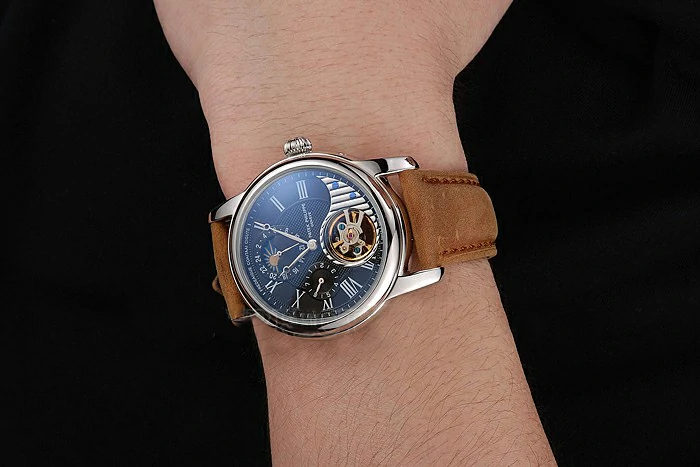 Patek Philippe Grand Complications GMT Moonphase Tourbillon Black Dial Stainless Steel Case Brown Suede Leather Strap new123927
