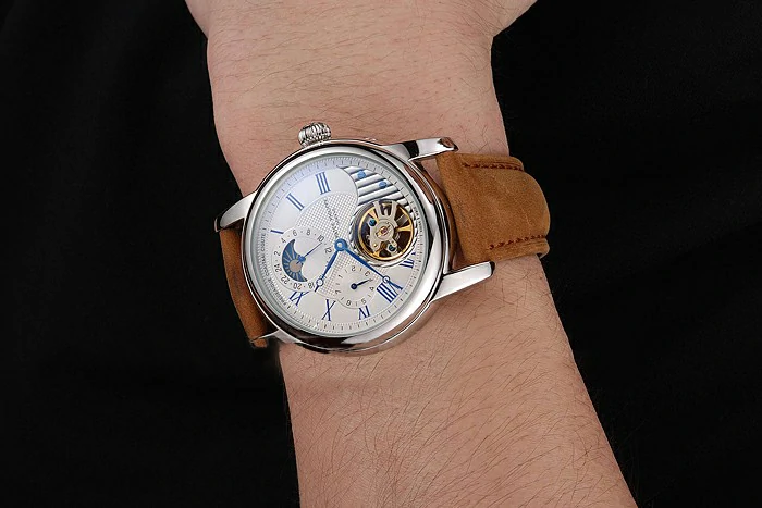 Patek Philippe Grand Complications GMT Moonphase Tourbillon White Dial Blue Numerals Stainless Steel Case Brown Suede Leather Strap new123928