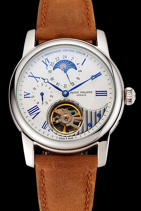 Patek Philippe Grand Complications GMT Moonphase Tourbillon White Dial Blue Numerals Stainless Steel Case Brown Suede Leather Strap new123928
