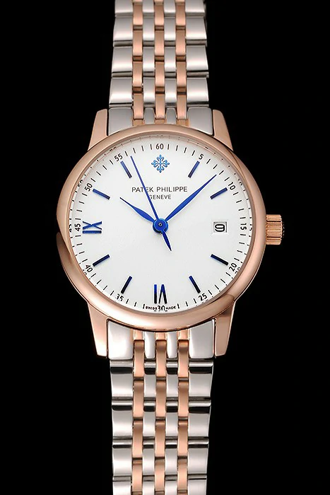 Patek Philippe Calatrava Ladies White Dial Blue Numerals Rose Gold Case Two Tone Bracelet new123935