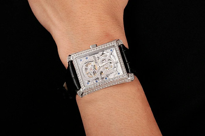 Piaget Emperador Tourbillon Skeleton Silver Diamond Case Black Leather Bracelet new124559