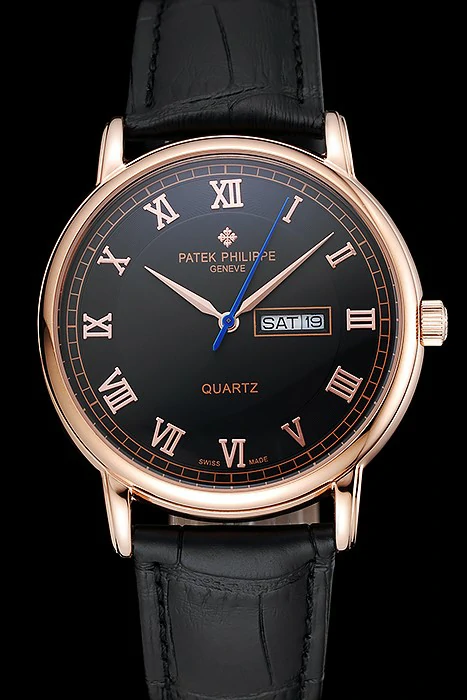 Patek Philippe Calatrava Black Dial Roman Numerals Gold Case Black Leather Bracelet new124899