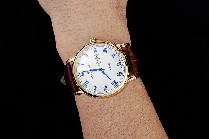 Patek Philippe Calatrava White Dial Blue Roman Numerals Gold Case Brown Leather Bracelet new124901