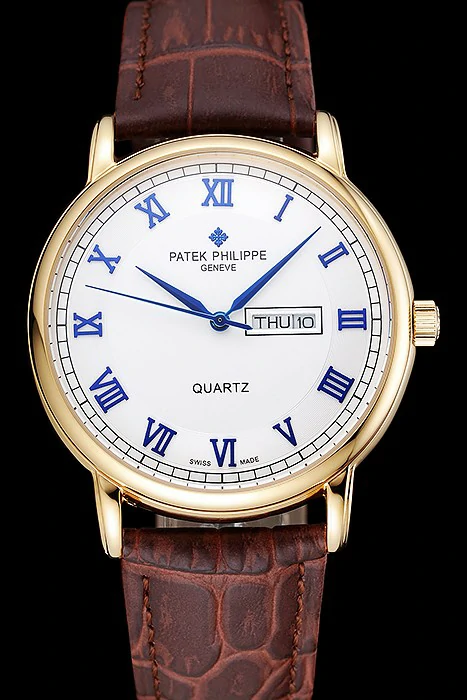 Patek Philippe Calatrava White Dial Blue Roman Numerals Gold Case Brown Leather Bracelet new124901