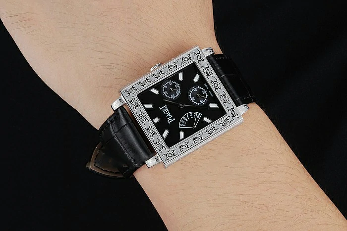 Piaget Emperador Limited Edition Black Dial Engraved Silver Case Black Leather Bracelet new125133