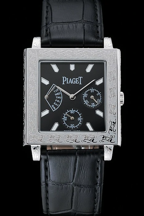 Piaget Emperador Limited Edition Black Dial Engraved Silver Case Black Leather Bracelet new125133